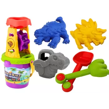LEAN TOYS Dinosaur Sand Set - Grinder, Funnel, Spatula, Rake, Watering Can, Molds