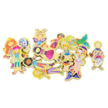 LEAN TOYS Magnetinis medinių personažų rinkinys spalvingais kostiumais, 20 vnt.