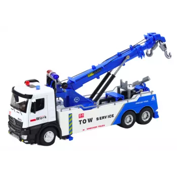 LEAN TOYS Sunkvežimis su Kranu Dviem Metaliniais Kabliais Baltas Ir Mėlynas Šviesos Garsai
