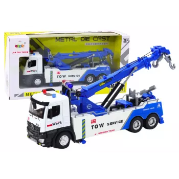 LEAN TOYS Sunkvežimis su Kranu Dviem Metaliniais Kabliais Baltas Ir Mėlynas Šviesos Garsai