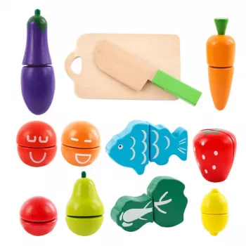LEAN TOYS Daržovių ir vaisių pjaustymo rinkinys su lentute, peiliu ir mediniu kibirėliu