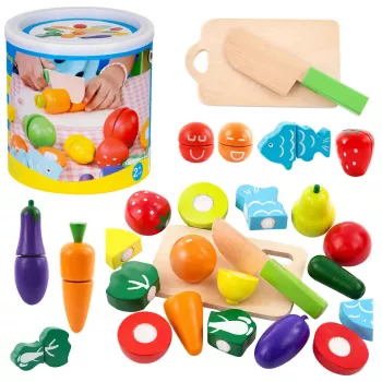 LEAN TOYS Daržovių ir vaisių pjaustymo rinkinys su lentute, peiliu ir mediniu kibirėliu