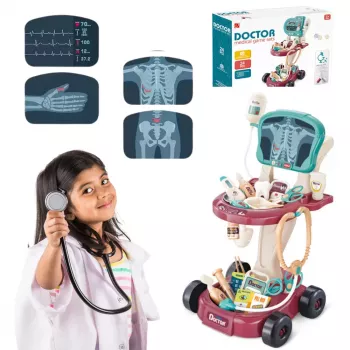 LEAN TOYS Medicinos rinkinys ant vežimėlio, Mažojo daktaro stalas, EKG įrankiai