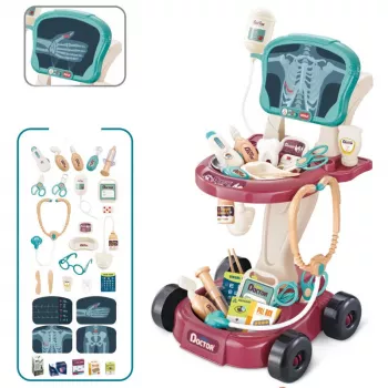 LEAN TOYS Medicinos rinkinys ant vežimėlio, Mažojo daktaro stalas, EKG įrankiai