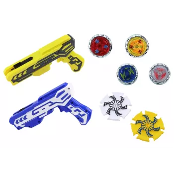 LEAN TOYS Pistoletinis diskų paleidiklis su 4 metaliniais diskais, mėlynais ir geltonais šviesos efektais