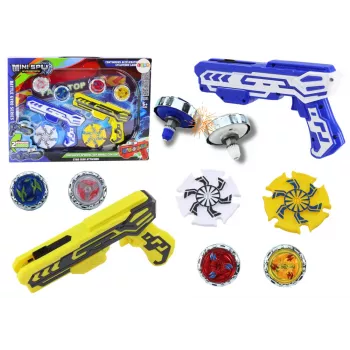 LEAN TOYS Pistoletinis diskų paleidiklis su 4 metaliniais diskais, mėlynais ir geltonais šviesos efektais