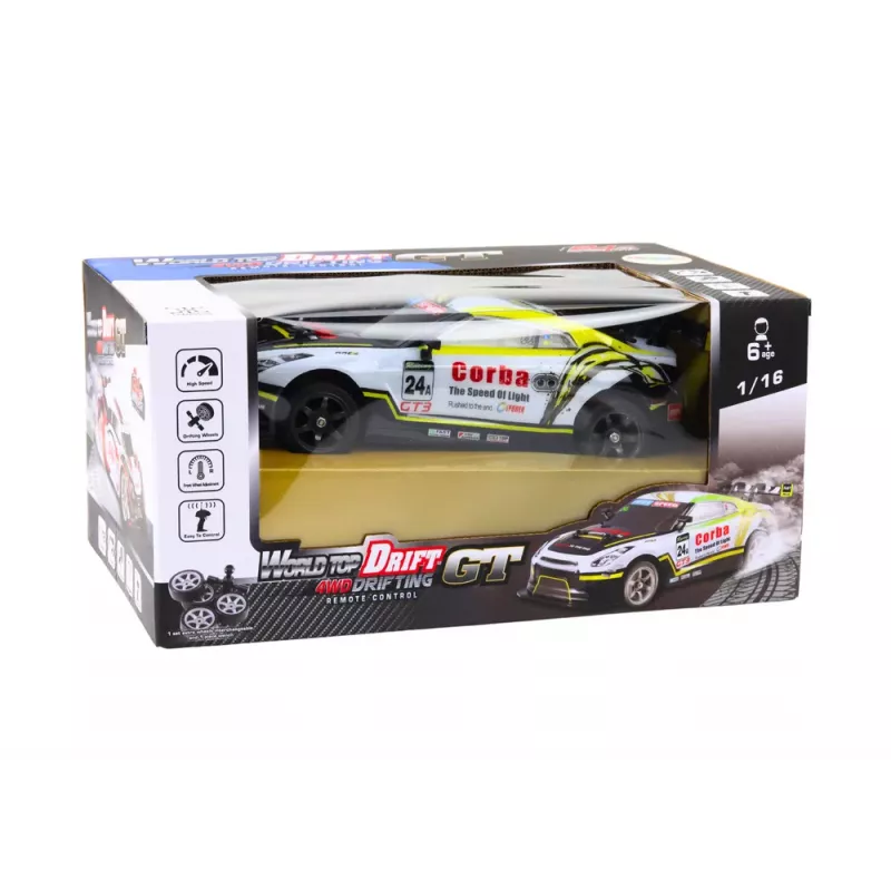 LEAN TOYS RC Sports Car 1:16 Drift Interchangeable Wheels White and Yellow