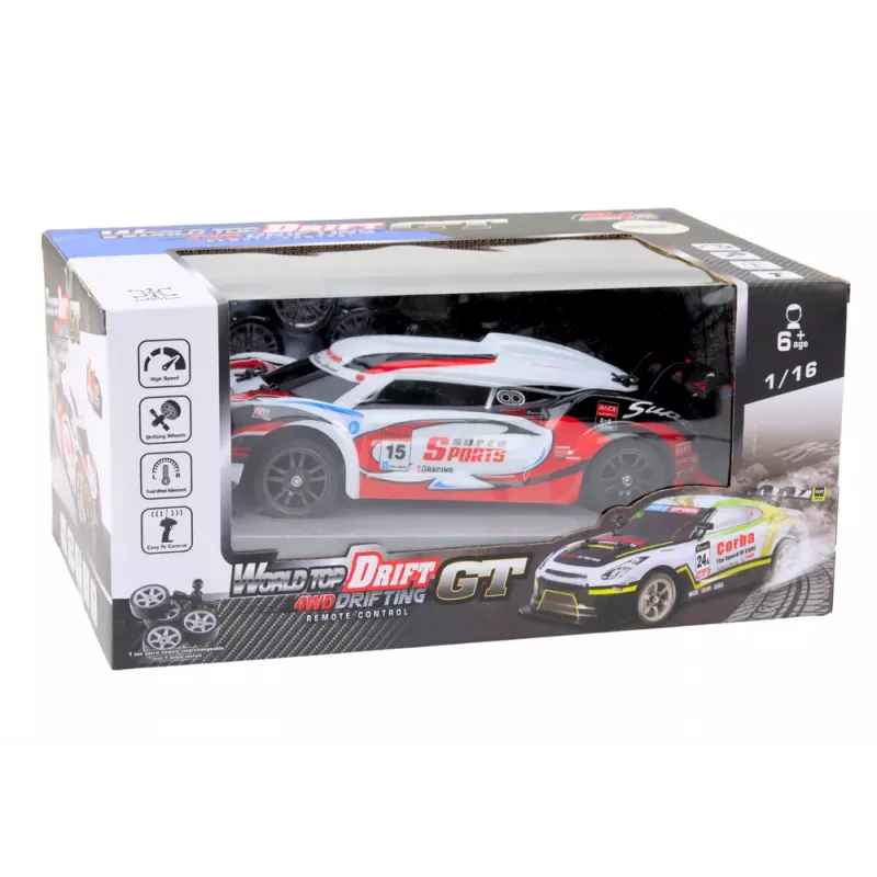 LEAN TOYS RC Sports Car 1:16 Drift Interchangeable Wheels White and Red