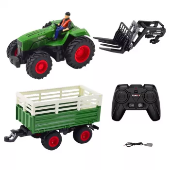 LEAN TOYS Žemės ūkio traktorius su priekaba ir šakėmis nuotoliniu valdymu RC 2.4G