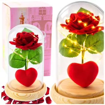 LEAN Eternal Rose in Dome su LED apšvietimu raudona su širdele 14x8cm