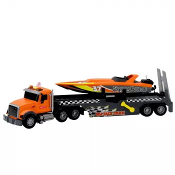 LEAN TOYS Sunkvežimis su užsukama motorine valtimi, šviesomis ir garsais, oranžinis rinkinys