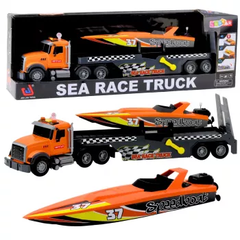 LEAN TOYS Sunkvežimis su užsukama motorine valtimi, šviesomis ir garsais, oranžinis rinkinys
