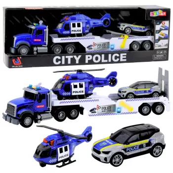 LEAN TOYS Policijos sunkvežimis, sraigtasparnis ir automobilis su šviesomis ir garsais