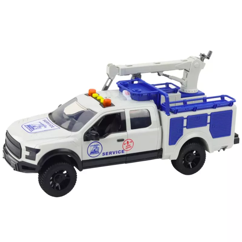 LEAN TOYS Service Truck su kranu, šviesomis ir garsais, baltas, 1:12