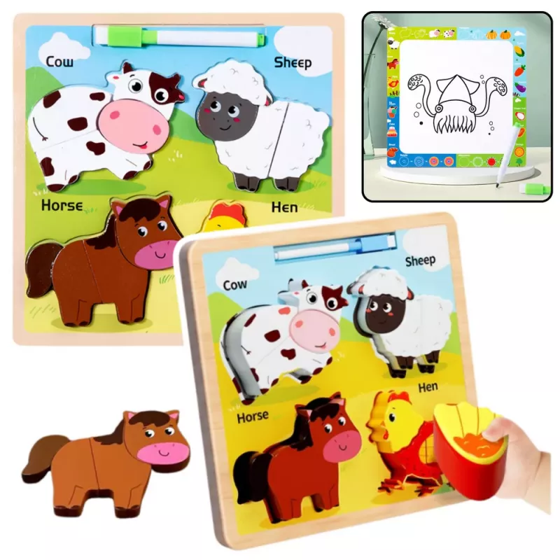 LEAN TOYS Puzzle Board 2in1 Wooden Educational Pets Marker