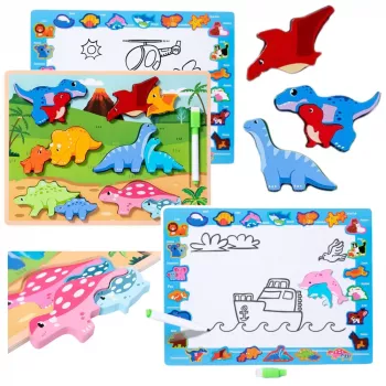 LEAN TOYS Puzzle Board 2in1 Wooden Educational Marker Dinosaurs 12pcs
