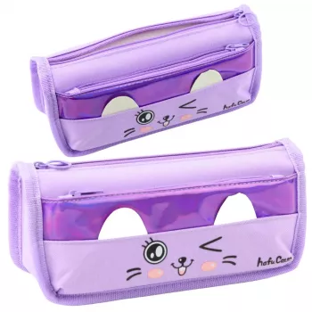 LEAN mokyklinis penalas su dviem kišenėmis, katės motyvu, violetinis, 22 cm
