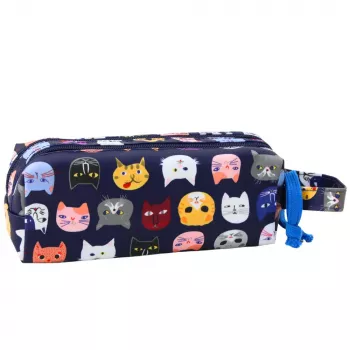 LEAN School Pencil Case Colorful Cats Two Pockets Navy Blue 22cm