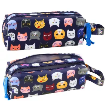 LEAN School Pencil Case Colorful Cats Two Pockets Navy Blue 22cm