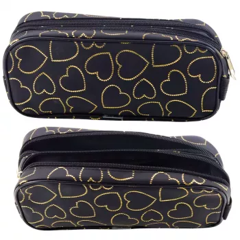 LEAN School Office Pencil Case, Two-Compartment, Golden Hearts, Black, 23.5x10 cm