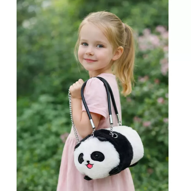 LEAN TOYS Plush Panda Bag Handles Metal Chain Black White 20cm