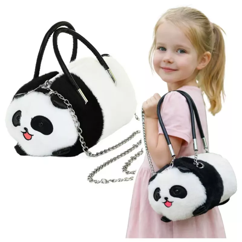 LEAN TOYS Plush Panda Bag Handles Metal Chain Black White 20cm