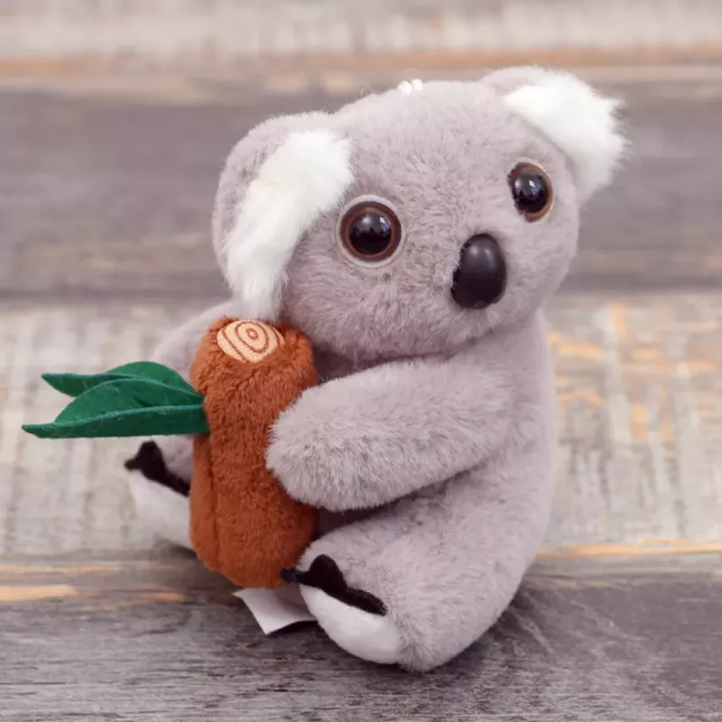 LEAN TOYS Plush Koala Keychain with Branch Gray Carabiner Gold 12cm
