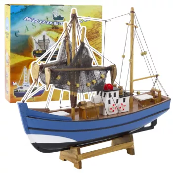 LEAN TOYS Collectible Decorative Model Fishing Boat Ship Blue 30x26cm