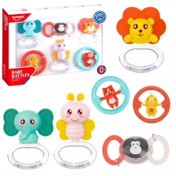 LEAN TOYS 6 vnt. kūdikių barškučių ir dantukų dildymo žaislų rinkinys „Gyvūnėliai“