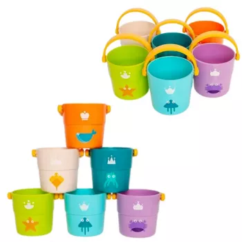 LEAN TOYS vonios kibirėlių rinkinys su skylutėmis spalvotas 6vnt