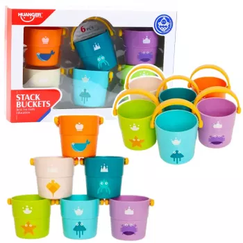 LEAN TOYS vonios kibirėlių rinkinys su skylutėmis spalvotas 6vnt