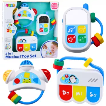 LEAN TOYS Muzikinių žaislų rinkinys mažyliams – Telefonas, Tamburinas, Rakteliai, 3 vnt.
