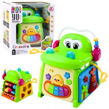 LEAN TOYS Interaktyvus edukacinis kubas su rūšiuokle, pianinu ir sensoriniu krokodilu