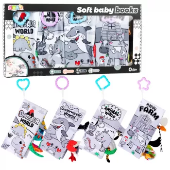 LEAN TOYS Knygelių rinkinys minkštų jutiminių lavinamųjų knygelių mažyliams 4vnt