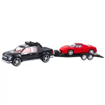 LEAN TOYS Automobilių rinkinys: Juodas vilkikas, juodas visureigis ir raudonas sportinis automobilis (59 cm)