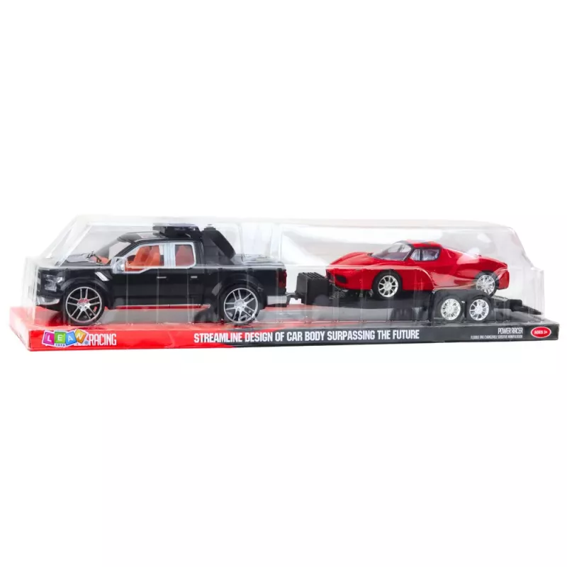 LEAN TOYS Automobilių rinkinys: Juodas vilkikas, juodas visureigis ir raudonas sportinis automobilis (59 cm)