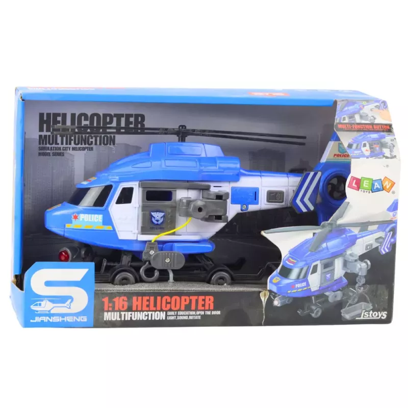 LEAN TOYS Policijos sraigtasparnis su kabliu ir neštuvais, šviesos ir garsai, mėlynas, 1:16