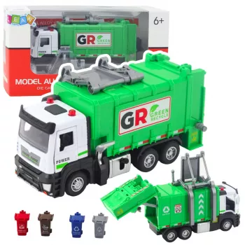 LEAN TOYS Šiukšliavežis su Varikliu, 4 Šiukšliadėžės, Šviesos, Garsai, Žalias