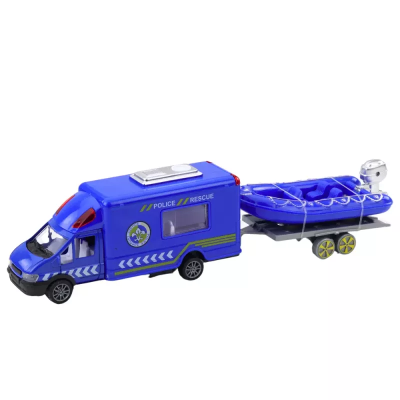 LEAN TOYS Policijos gelbėjimo automobilis, valtis, sunkvežimis ir sraigtasparnis mėlynas rinkinys