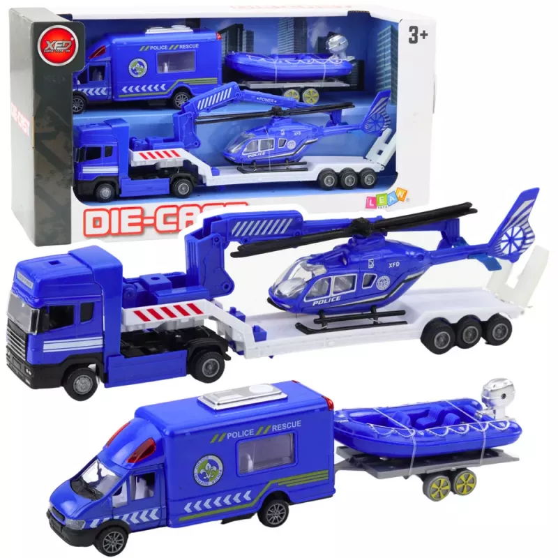 LEAN TOYS Policijos gelbėjimo automobilis, valtis, sunkvežimis ir sraigtasparnis mėlynas rinkinys