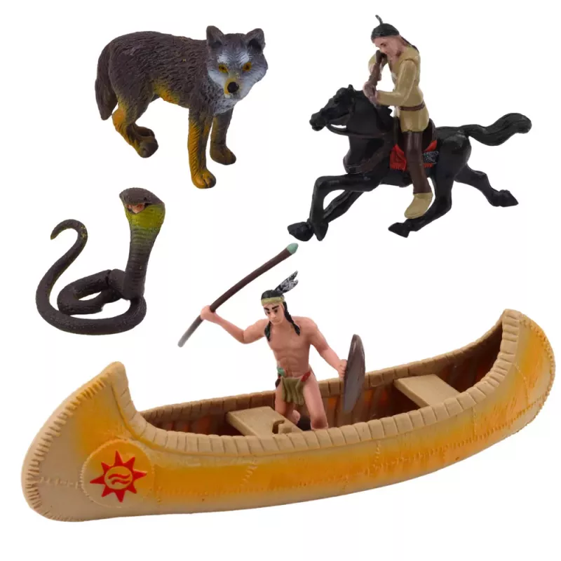 LEAN TOYS Indėnų figūrėlių rinkinys Kaimas su kajaku ir totemu