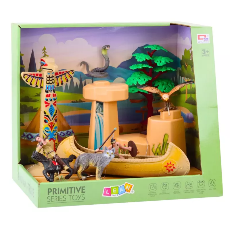 LEAN TOYS Indėnų figūrėlių rinkinys Kaimas su kajaku ir totemu