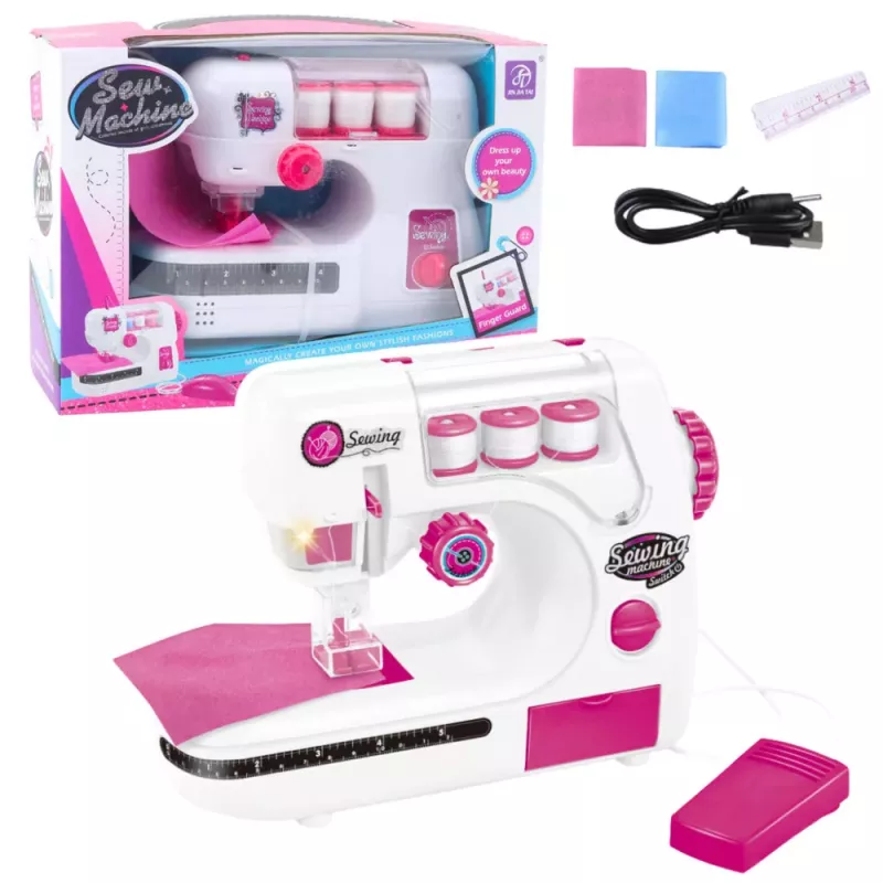 LEAN TOYS Siuvimo mašina vaikams su siūlais, audiniu, šviesomis ir garsais