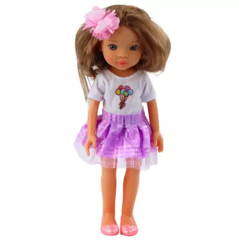 LEAN TOYS Lėlė su ilgais rudais plaukais, violetine suknele ir gėlės segtuku
