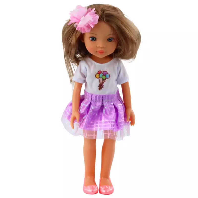 LEAN TOYS Lėlė su ilgais rudais plaukais, violetine suknele ir gėlės segtuku