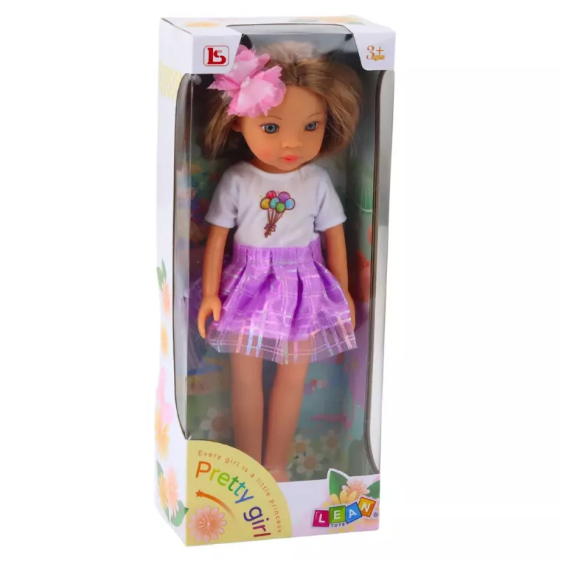 LEAN TOYS Lėlė su ilgais rudais plaukais, violetine suknele ir gėlės segtuku