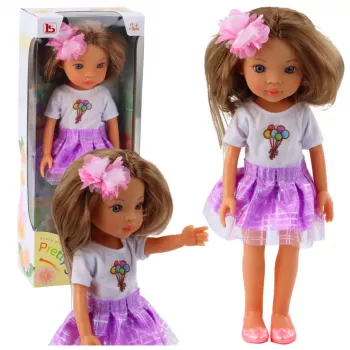 LEAN TOYS Lėlė su ilgais rudais plaukais, violetine suknele ir gėlės segtuku