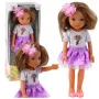 LEAN TOYS Lėlė su ilgais rudais plaukais, violetine suknele ir gėlės segtuku
