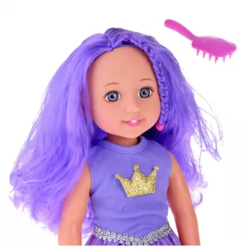 LEAN TOYS Lėlė su Suknele, Karūna, Ilgais Plaukais ir Šepetėliu, Violetinė, 38cm