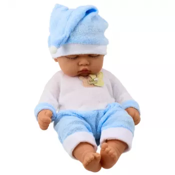 LEAN TOYS Mieganti kūdikio lėlė mėlyna pižama su pomponu kepure